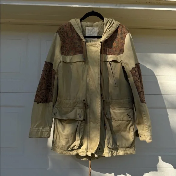 Free People Olive Patched Tapestry Drawstring Utility Jacket Size Large - Picture 5 of 16
